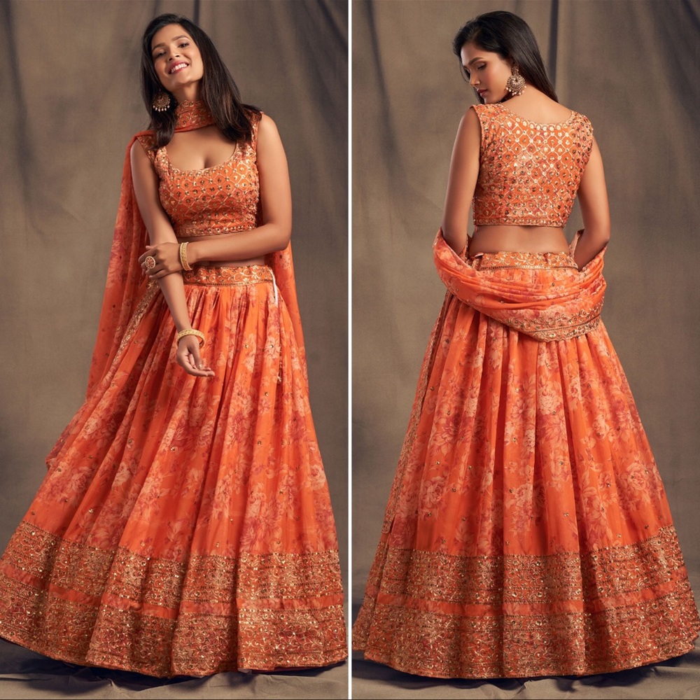 Orange Floral Lehenga Set